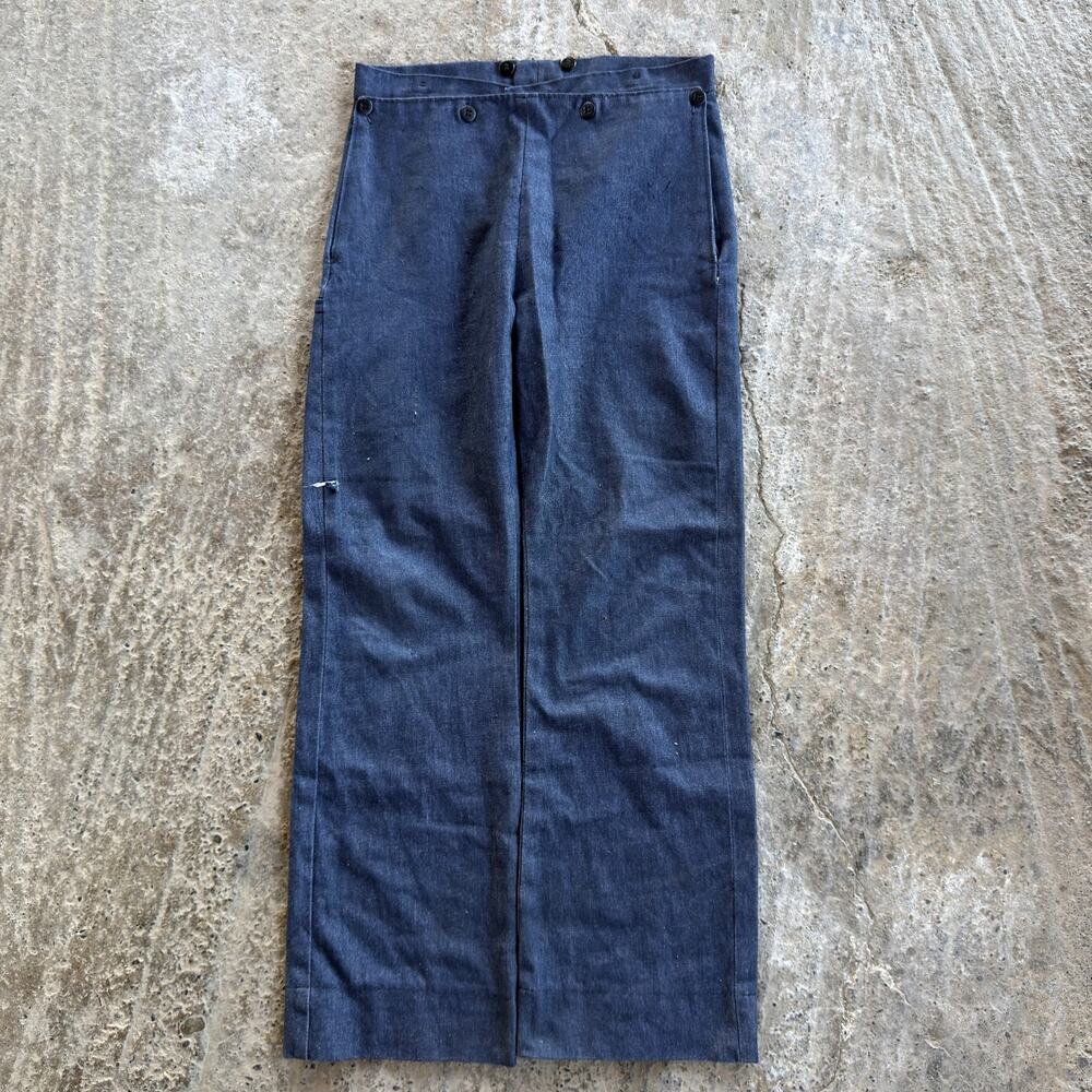 Vintage WW2 US Navy Twill Sailor Pants Bib Fly 30x30 Military Blue Worn Flared